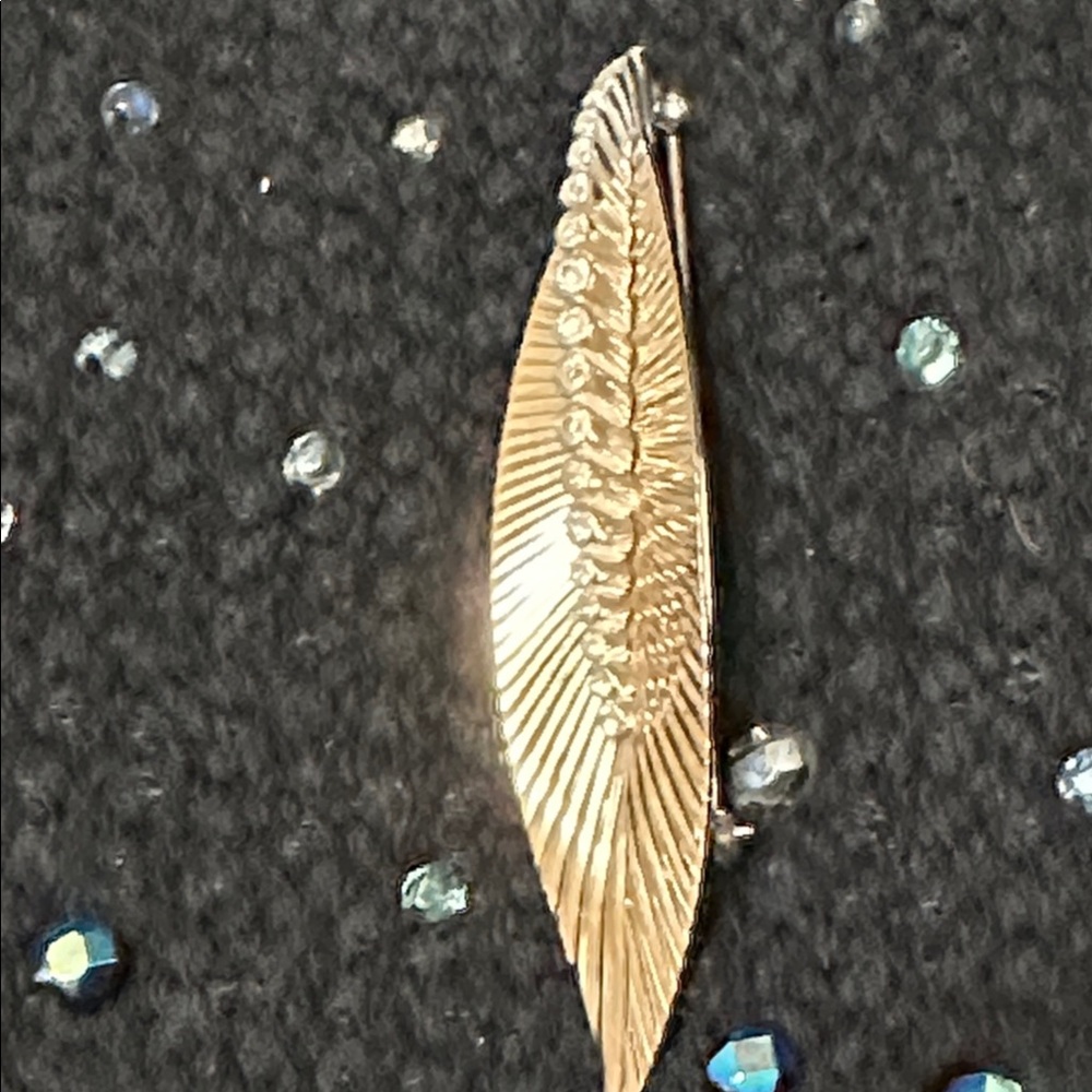 Boucher Gold Leaf Vintage Brooch with Rhinestones - 3” x 3/4”